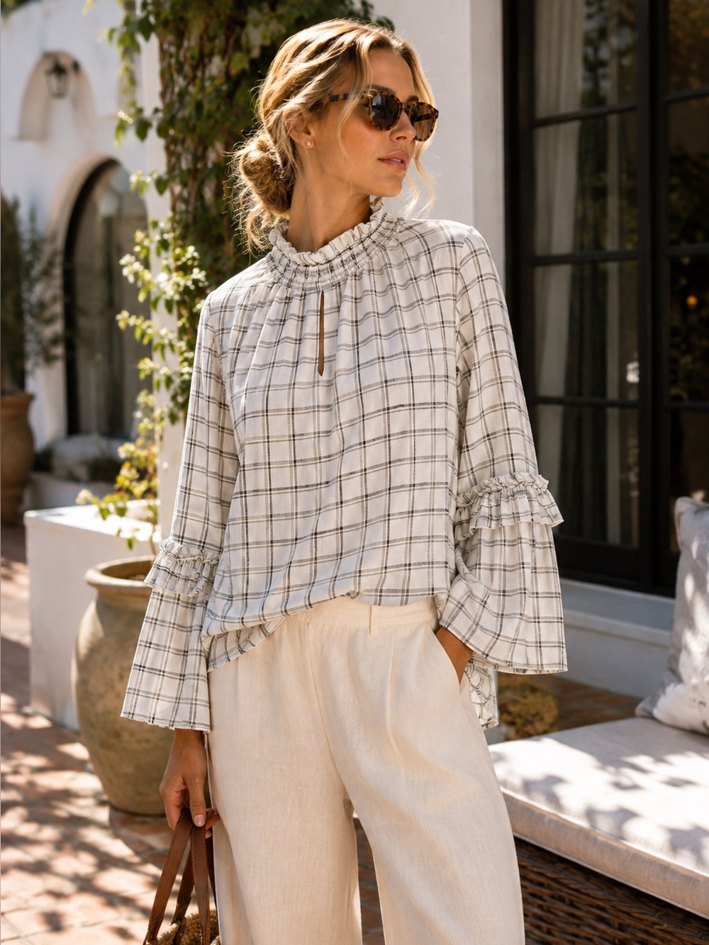 DREW Ivory and Charcoal Plaid Long Sleeve Keyhole Opening Flannel Top, XS